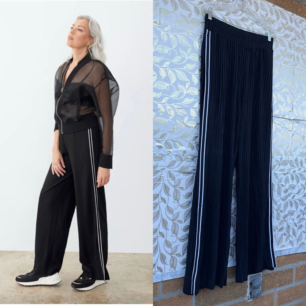 GSTQ Black Pleated Wide Leg Pants L High Rise Sporty Chic Side Stripe Vibe